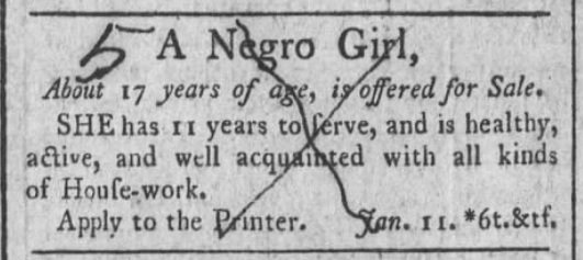 1803 advertisement from Lancaster, PA, to sell an enslaved 17-year-old girl.